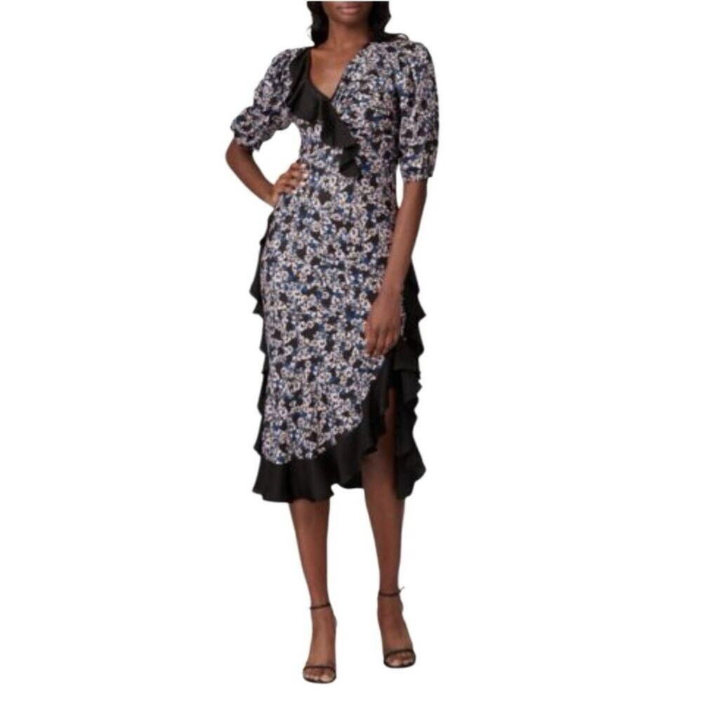 Brogger Size X-Small Black Floral‎ Midi Ruffle Dress Silk Blend Puff Sleeve Slit